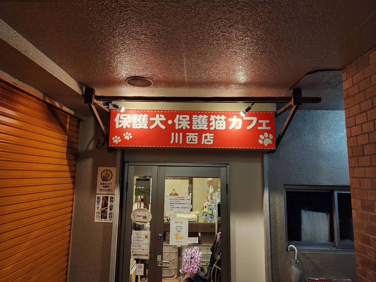 赤い「保護犬・保護猫カフェ 川西店」の看板がある店舗入口